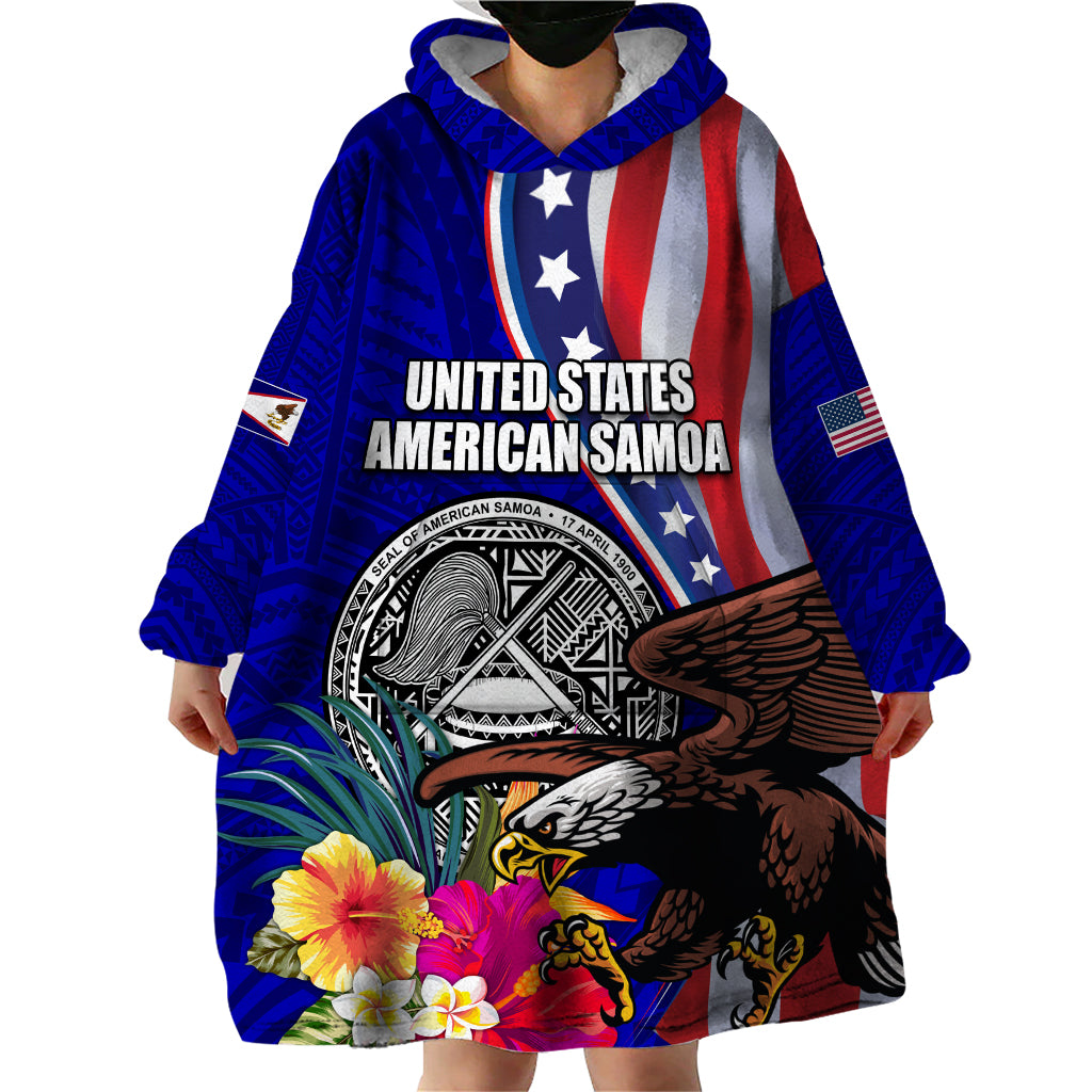 Personalised American Samoa and United States Wearable Blanket Hoodie Bald Eagle and Seal Hibiscus Polynesian Pattern LT03 - Polynesian Pride