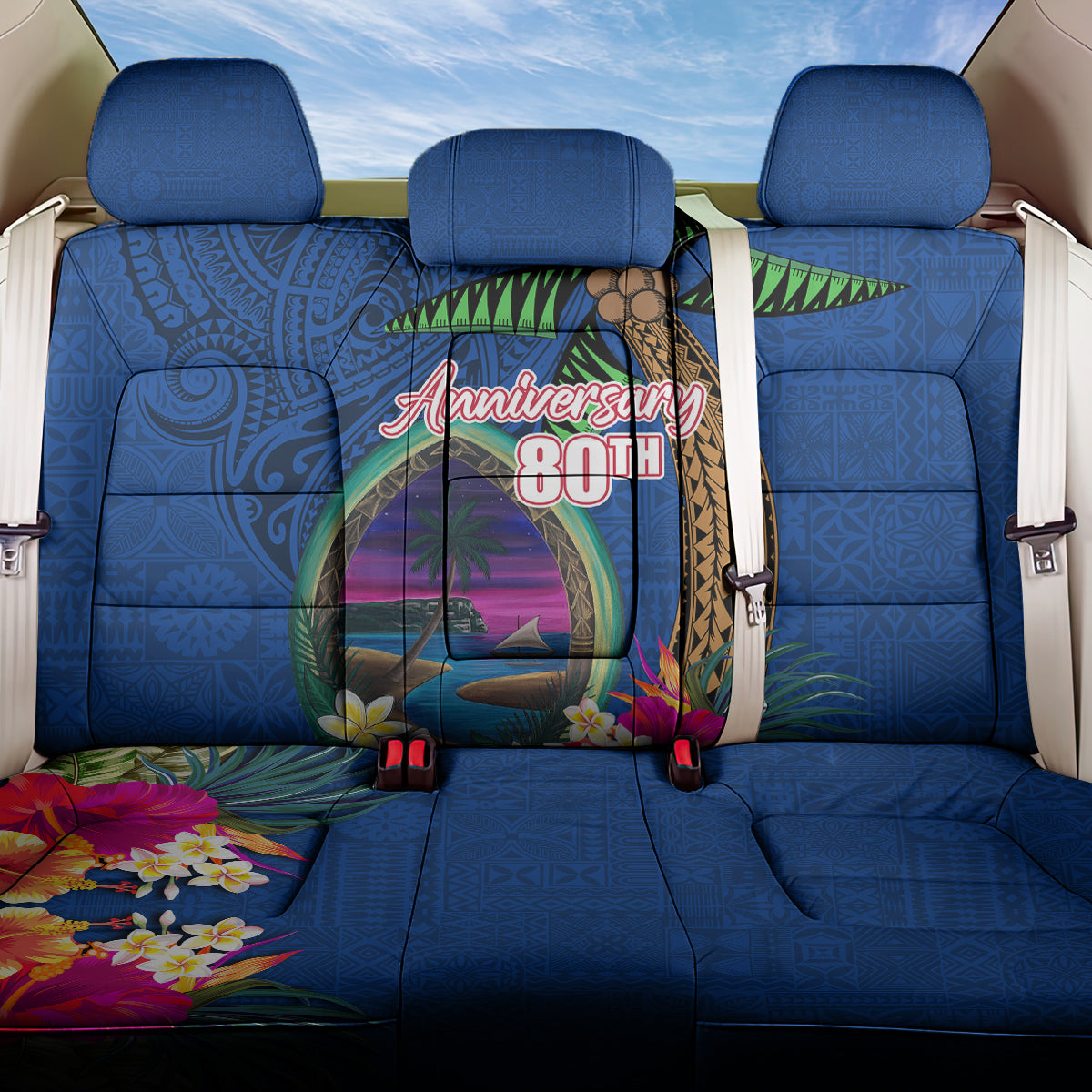 Guam Liberation Day 80th Anniversary Back Car Seat Cover Palm Tree and Seal Artwork Hibiscus Polynesian Pattern