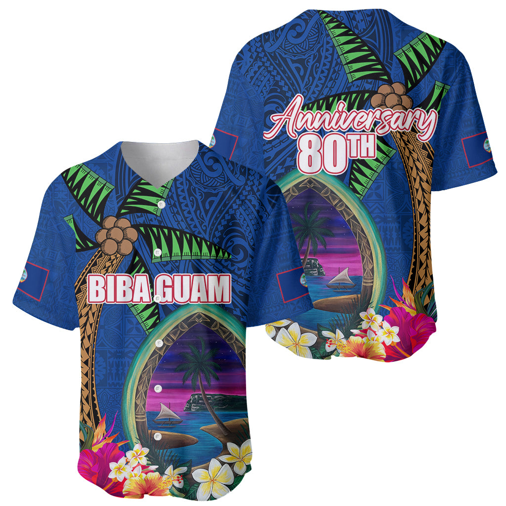 Guam Liberation Day 80th Anniversary Baseball Jersey Palm Tree and Seal Artwork Hibiscus Polynesian Pattern