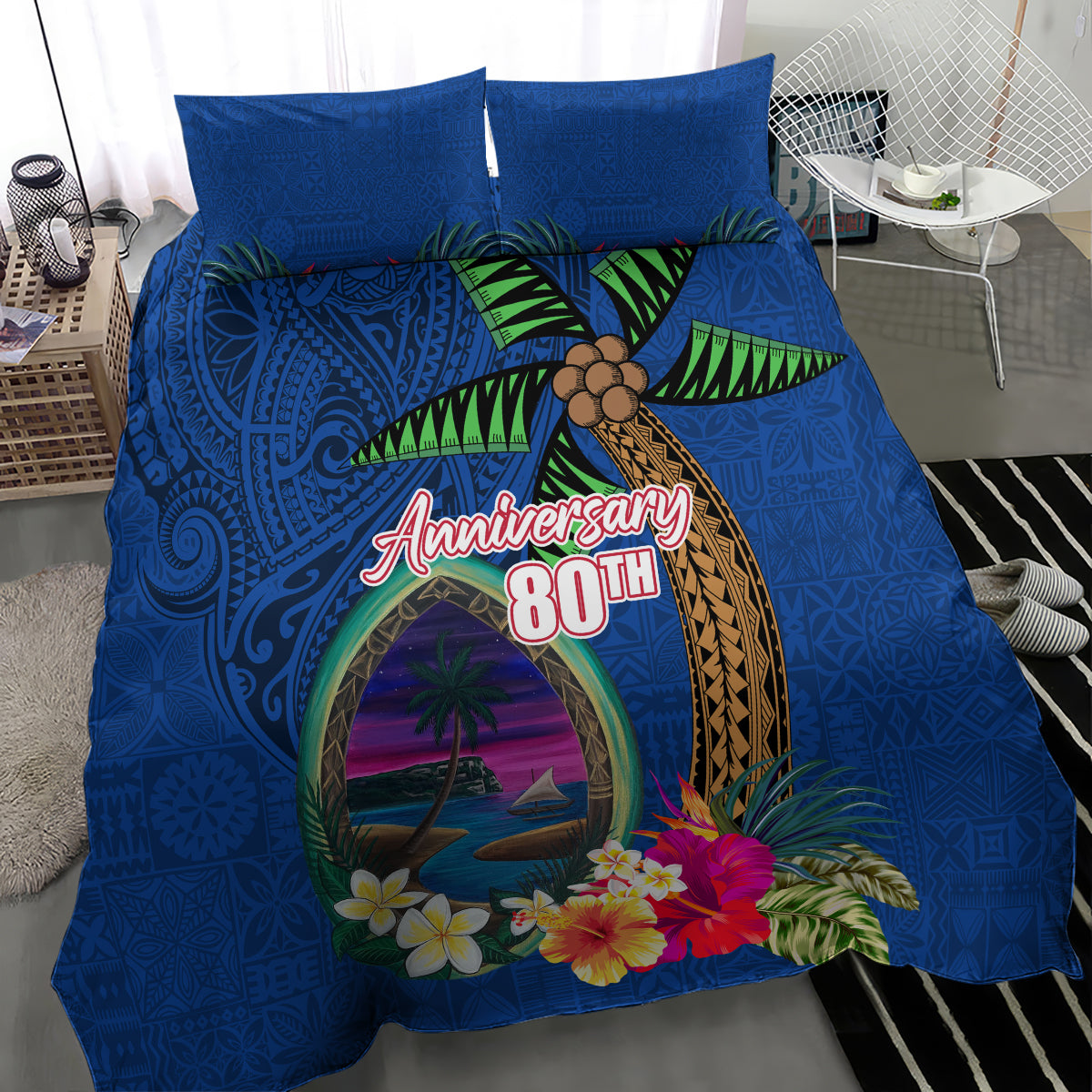 Guam Liberation Day 80th Anniversary Bedding Set Palm Tree and Seal Artwork Hibiscus Polynesian Pattern