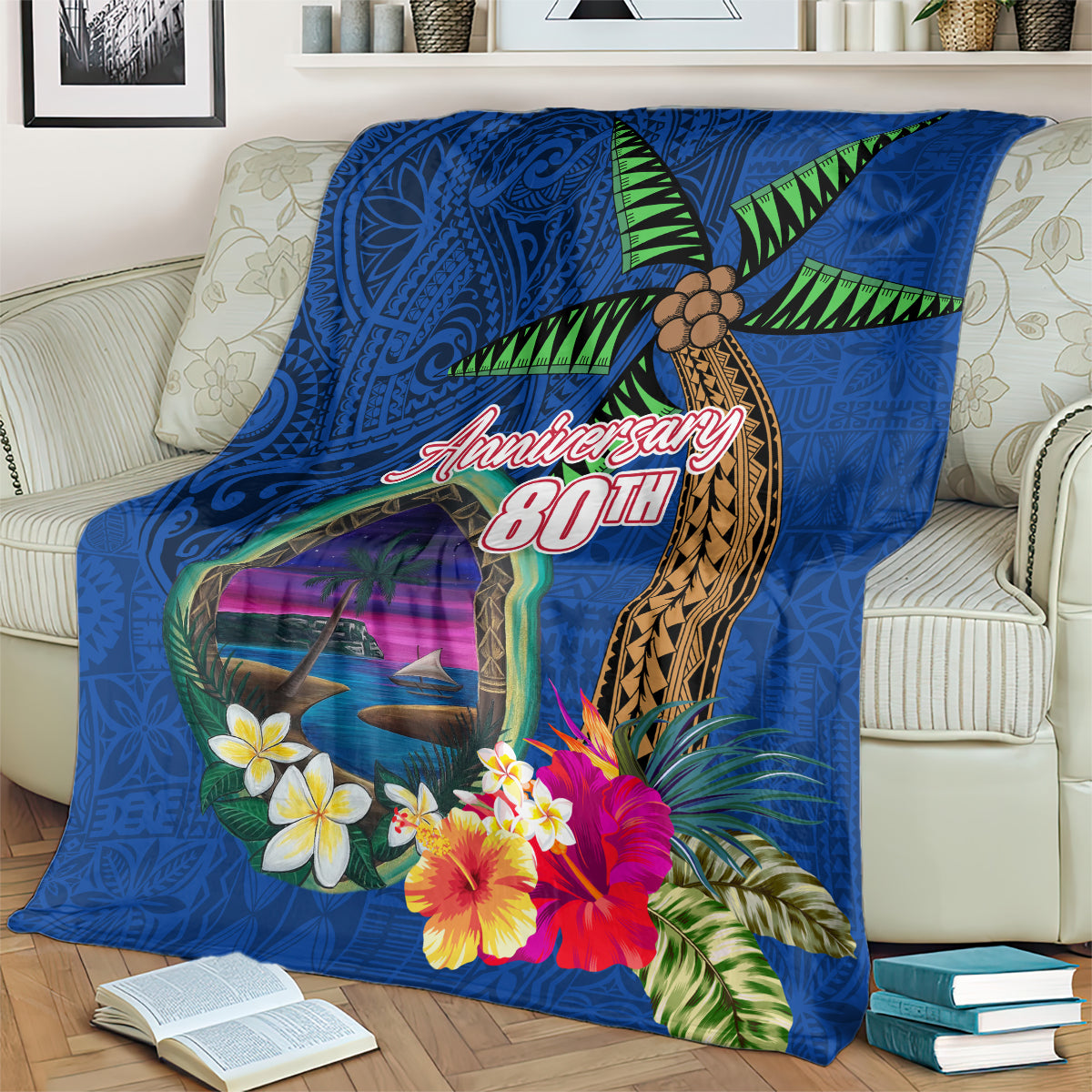Guam Liberation Day 80th Anniversary Blanket Palm Tree and Seal Artwork Hibiscus Polynesian Pattern