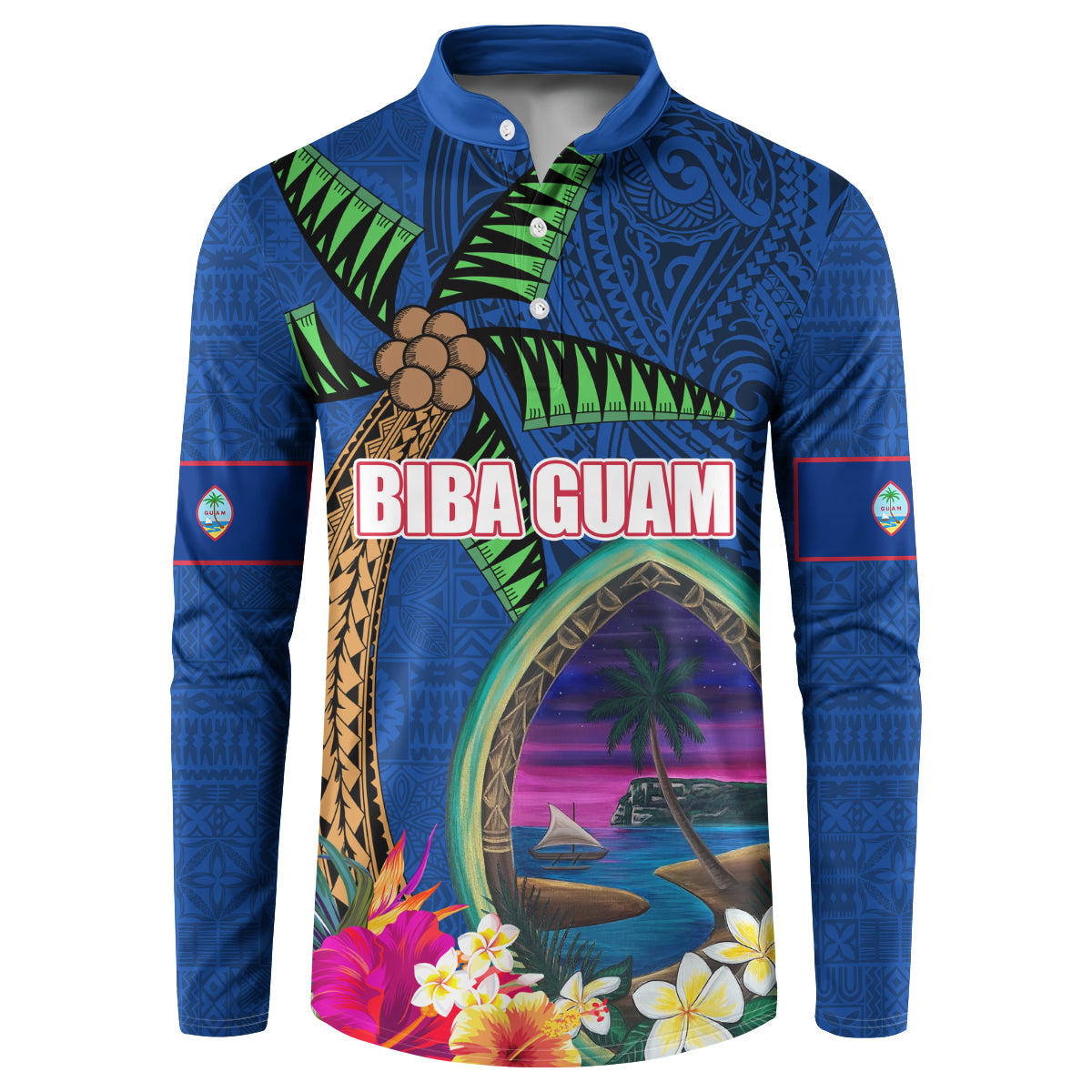 Guam Liberation Day 80th Anniversary Button Sweatshirt Palm Tree and Seal Artwork Hibiscus Polynesian Pattern