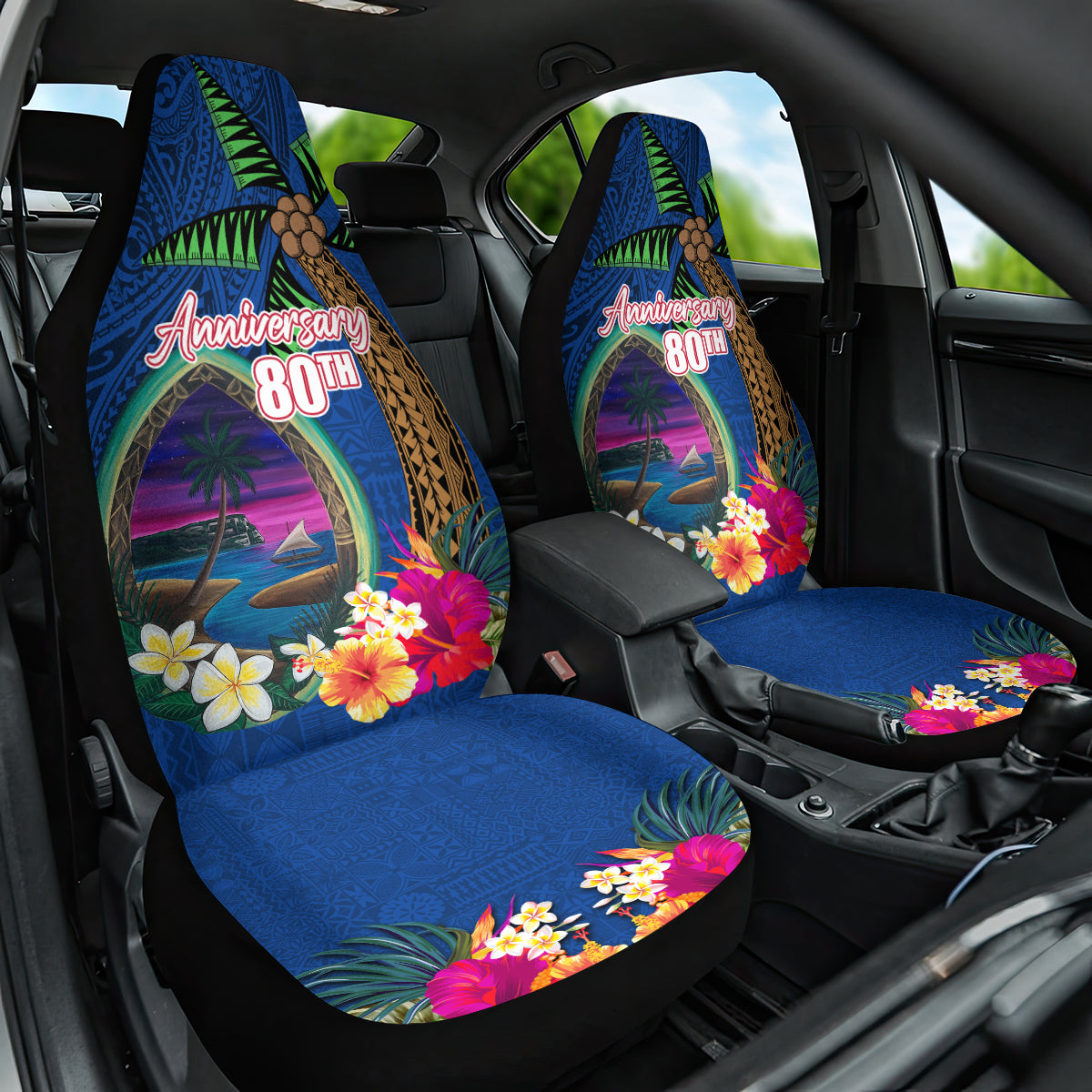 Guam Liberation Day 80th Anniversary Car Seat Cover Palm Tree and Seal Artwork Hibiscus Polynesian Pattern