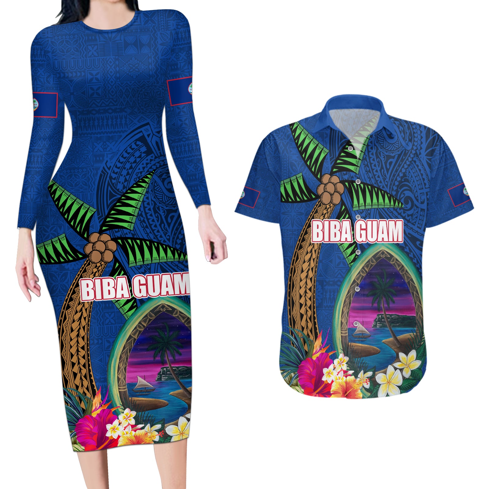 Guam Liberation Day 80th Anniversary Couples Matching Long Sleeve Bodycon Dress and Hawaiian Shirt Palm Tree and Seal Artwork Hibiscus Polynesian Pattern