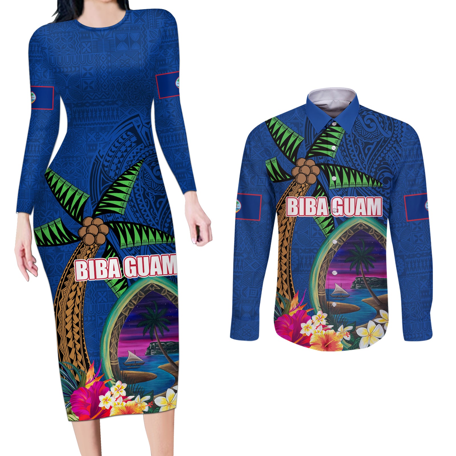 Guam Liberation Day 80th Anniversary Couples Matching Long Sleeve Bodycon Dress and Long Sleeve Button Shirt Palm Tree and Seal Artwork Hibiscus Polynesian Pattern