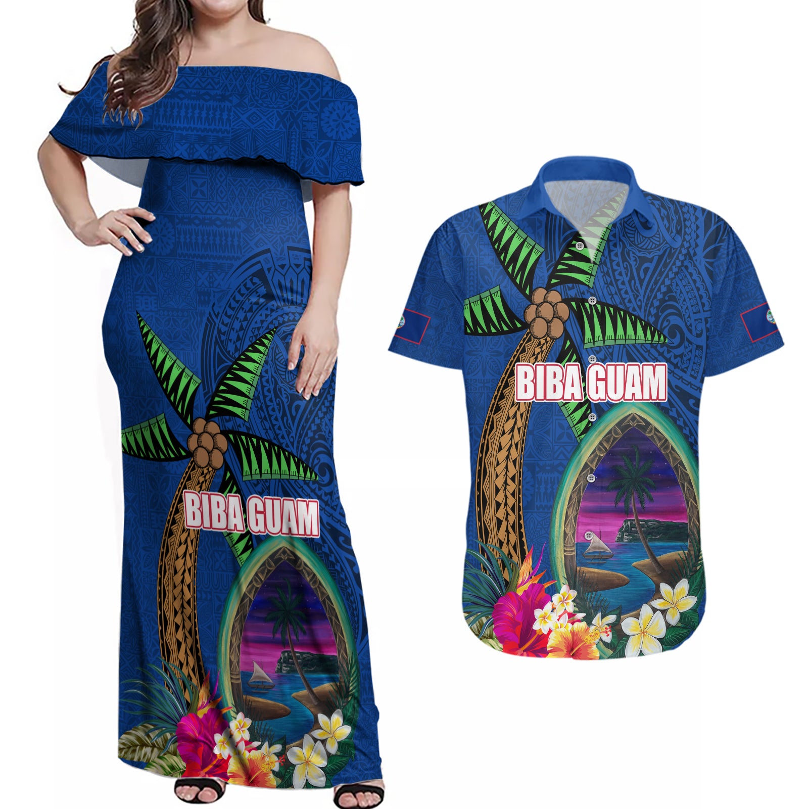 Guam Liberation Day 80th Anniversary Couples Matching Off Shoulder Maxi Dress and Hawaiian Shirt Palm Tree and Seal Artwork Hibiscus Polynesian Pattern