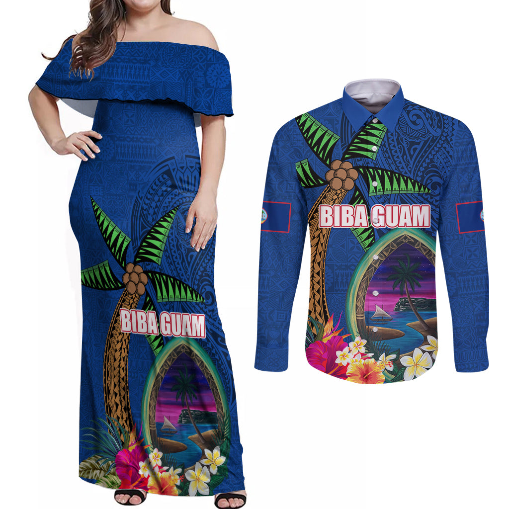 Guam Liberation Day 80th Anniversary Couples Matching Off Shoulder Maxi Dress and Long Sleeve Button Shirt Palm Tree and Seal Artwork Hibiscus Polynesian Pattern