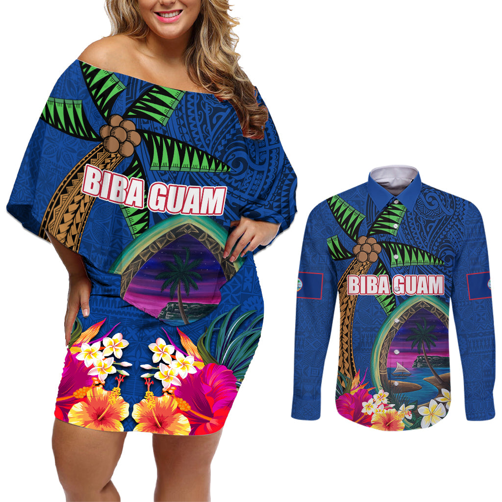 Guam Liberation Day 80th Anniversary Couples Matching Off Shoulder Short Dress and Long Sleeve Button Shirt Palm Tree and Seal Artwork Hibiscus Polynesian Pattern