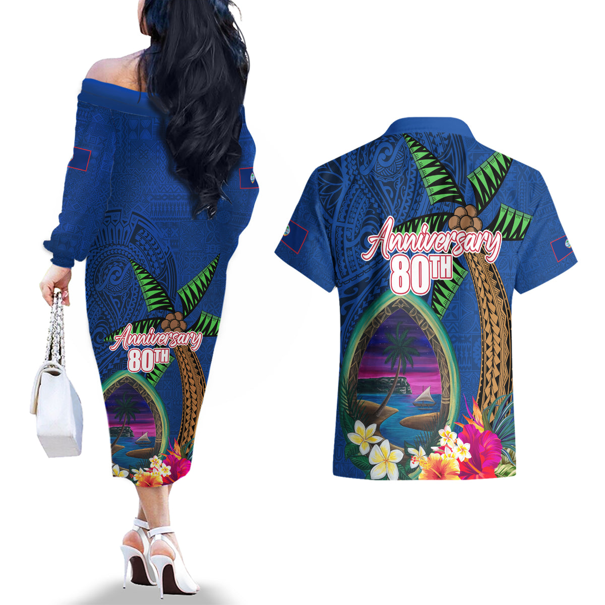 Guam Liberation Day 80th Anniversary Couples Matching Off The Shoulder Long Sleeve Dress and Hawaiian Shirt Palm Tree and Seal Artwork Hibiscus Polynesian Pattern