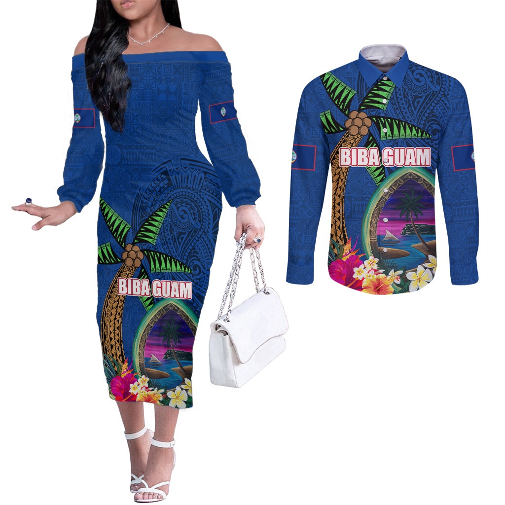 Guam Liberation Day 80th Anniversary Couples Matching Off The Shoulder Long Sleeve Dress and Long Sleeve Button Shirt Palm Tree and Seal Artwork Hibiscus Polynesian Pattern