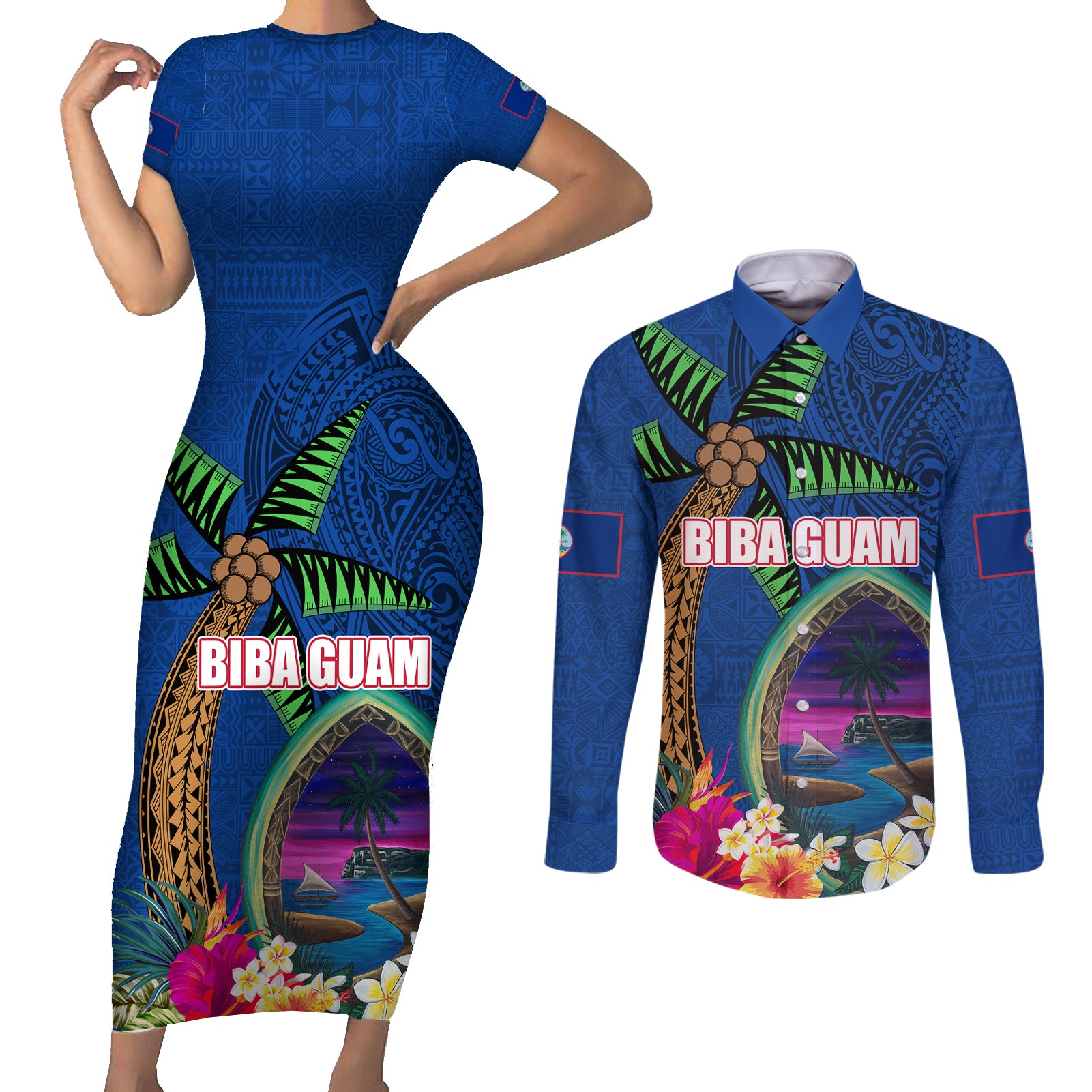 Guam Liberation Day 80th Anniversary Couples Matching Short Sleeve Bodycon Dress and Long Sleeve Button Shirt Palm Tree and Seal Artwork Hibiscus Polynesian Pattern