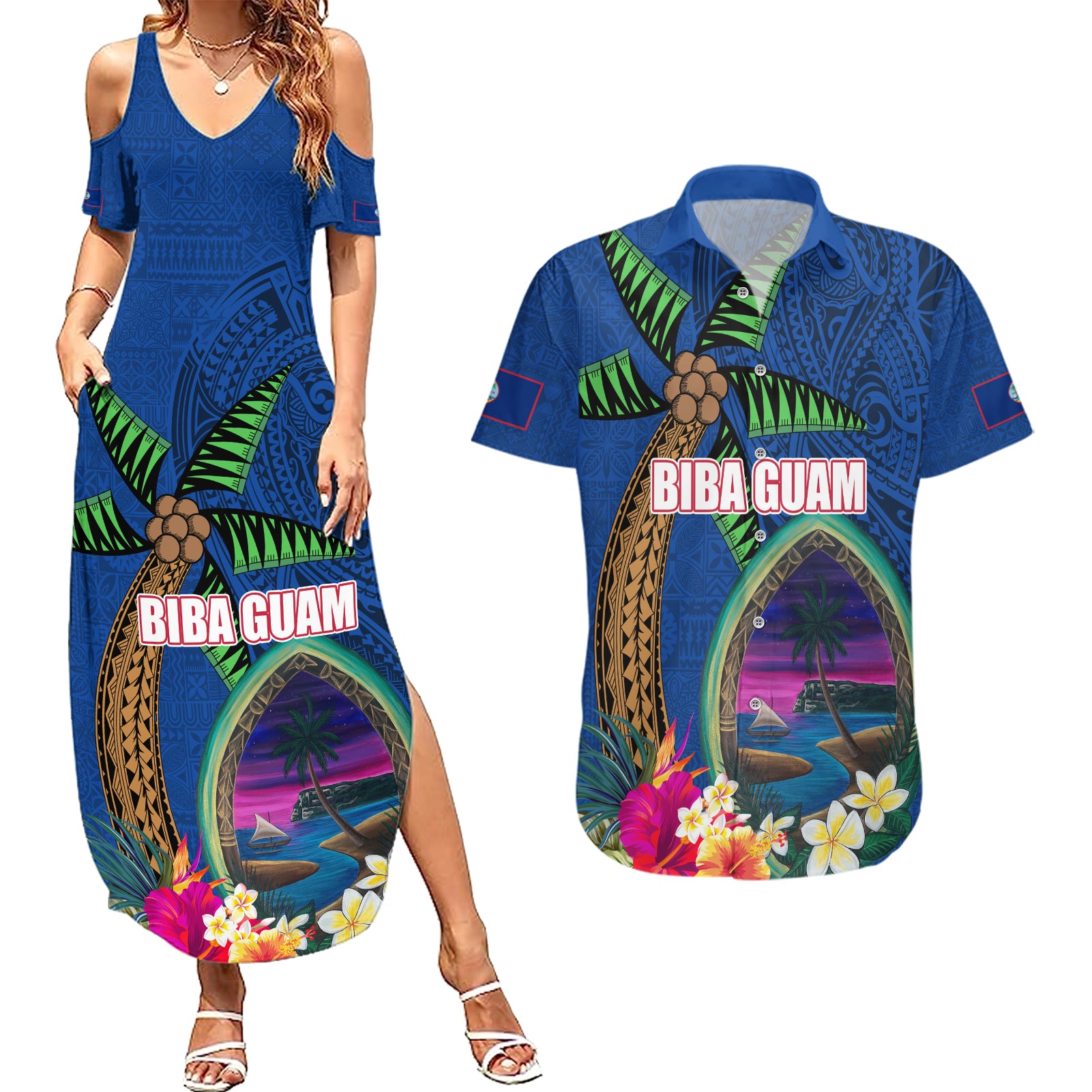 Guam Liberation Day 80th Anniversary Couples Matching Summer Maxi Dress and Hawaiian Shirt Palm Tree and Seal Artwork Hibiscus Polynesian Pattern