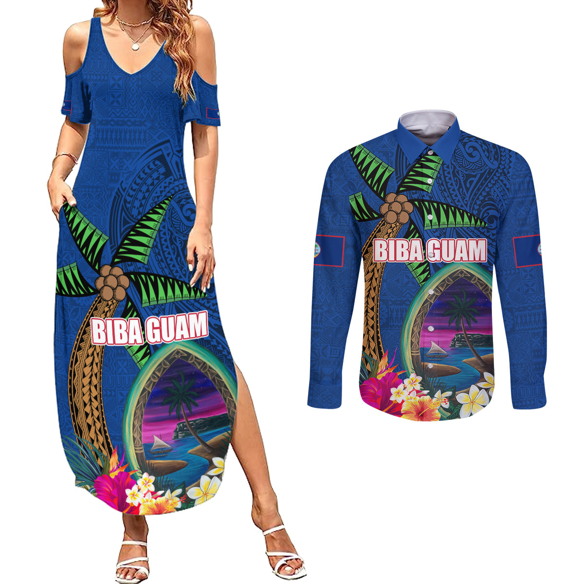 Guam Liberation Day 80th Anniversary Couples Matching Summer Maxi Dress and Long Sleeve Button Shirt Palm Tree and Seal Artwork Hibiscus Polynesian Pattern