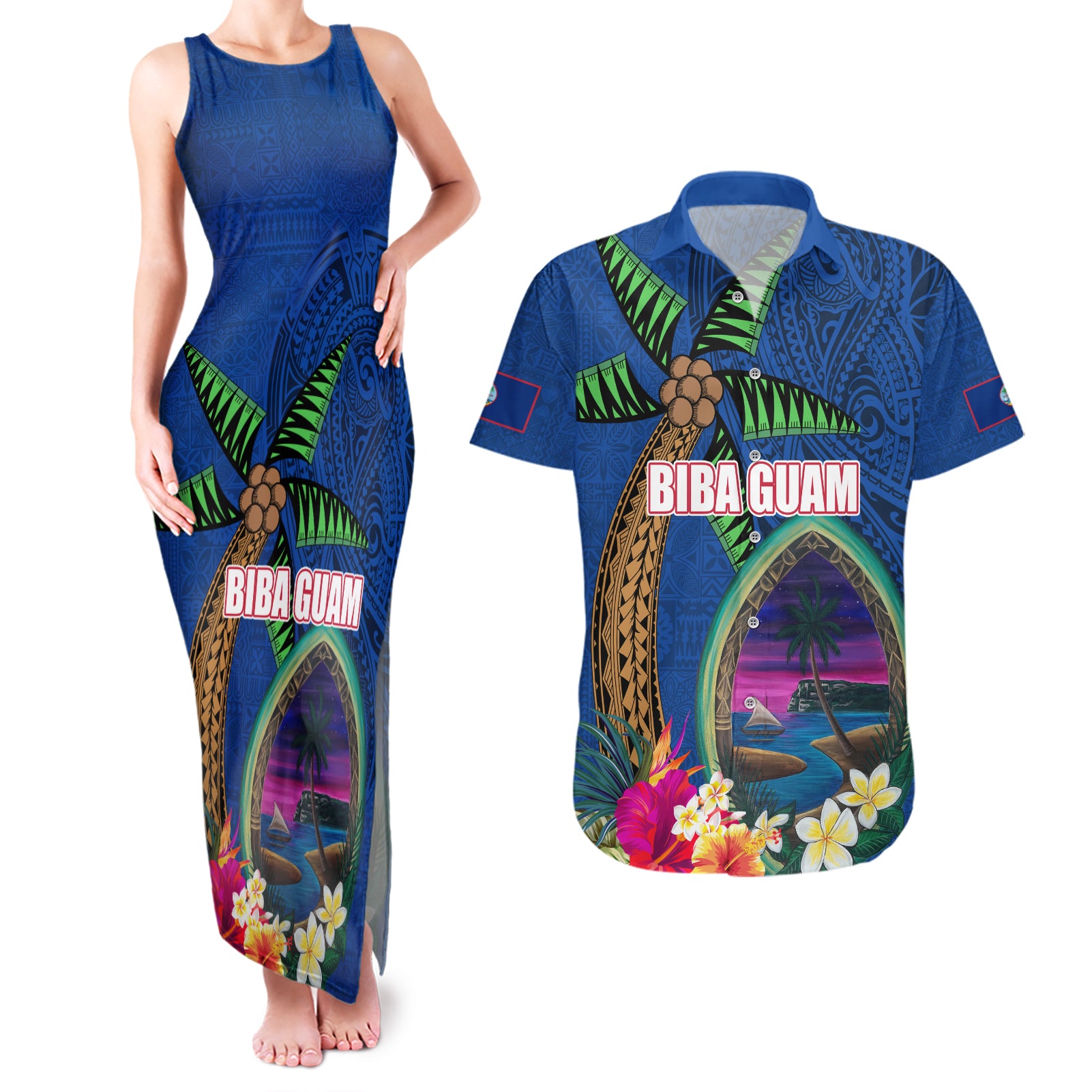 Guam Liberation Day 80th Anniversary Couples Matching Tank Maxi Dress and Hawaiian Shirt Palm Tree and Seal Artwork Hibiscus Polynesian Pattern