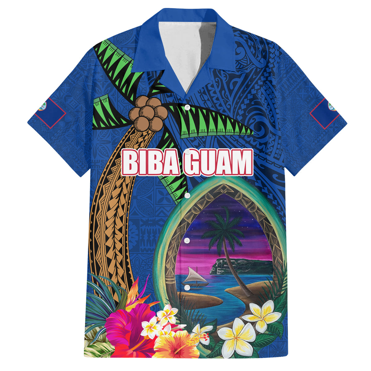 Guam Liberation Day 80th Anniversary Family Matching Long Sleeve Bodycon Dress and Hawaiian Shirt Palm Tree and Seal Artwork Hibiscus Polynesian Pattern