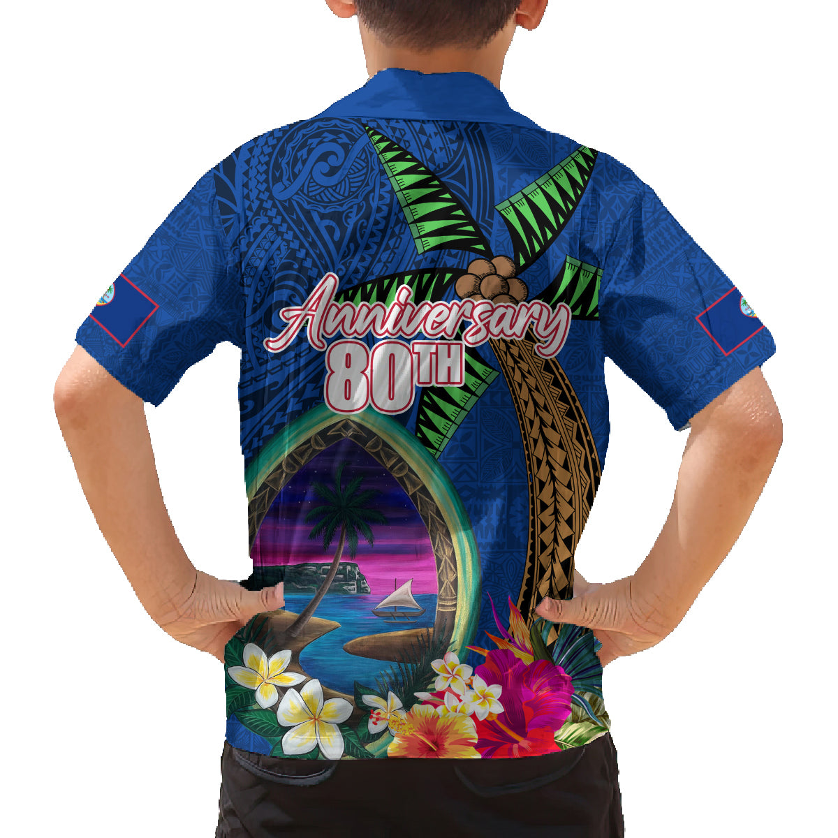 Guam Liberation Day 80th Anniversary Family Matching Off The Shoulder Long Sleeve Dress and Hawaiian Shirt Palm Tree and Seal Artwork Hibiscus Polynesian Pattern