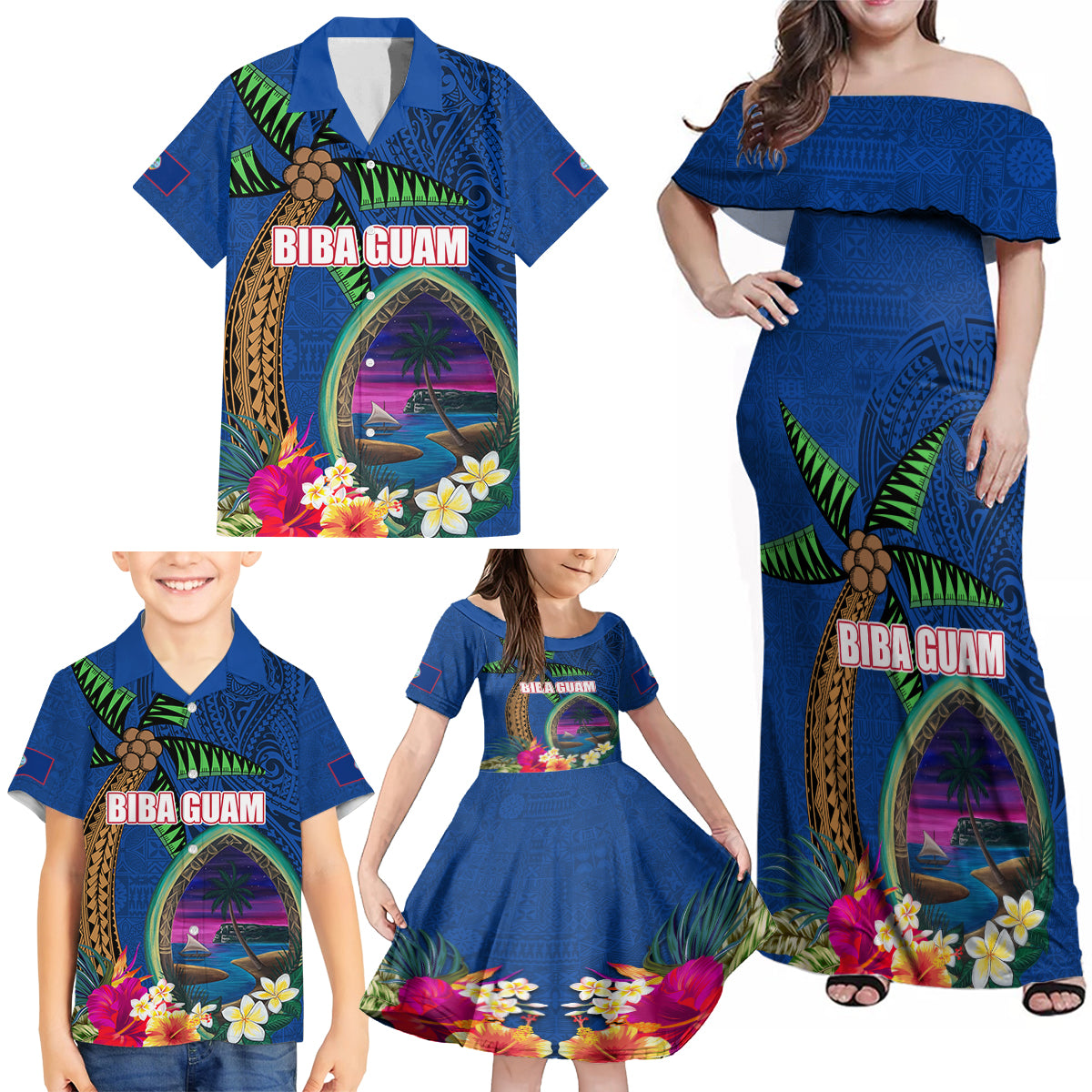 Guam Liberation Day 80th Anniversary Family Matching Off Shoulder Maxi Dress and Hawaiian Shirt Palm Tree and Seal Artwork Hibiscus Polynesian Pattern