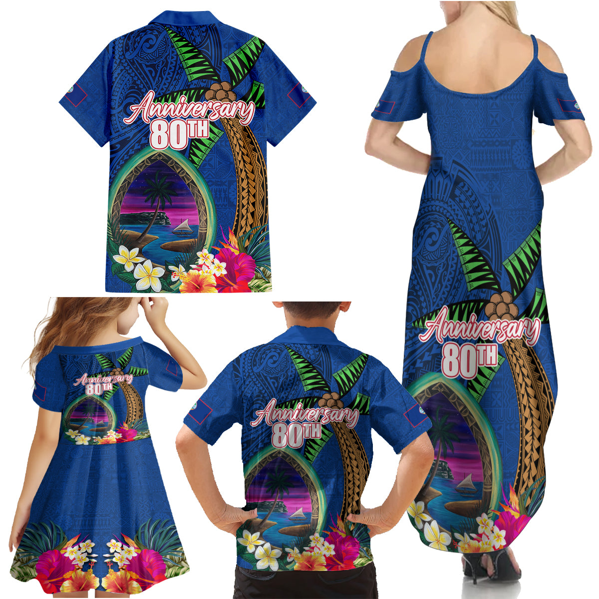 Guam Liberation Day 80th Anniversary Family Matching Summer Maxi Dress and Hawaiian Shirt Palm Tree and Seal Artwork Hibiscus Polynesian Pattern