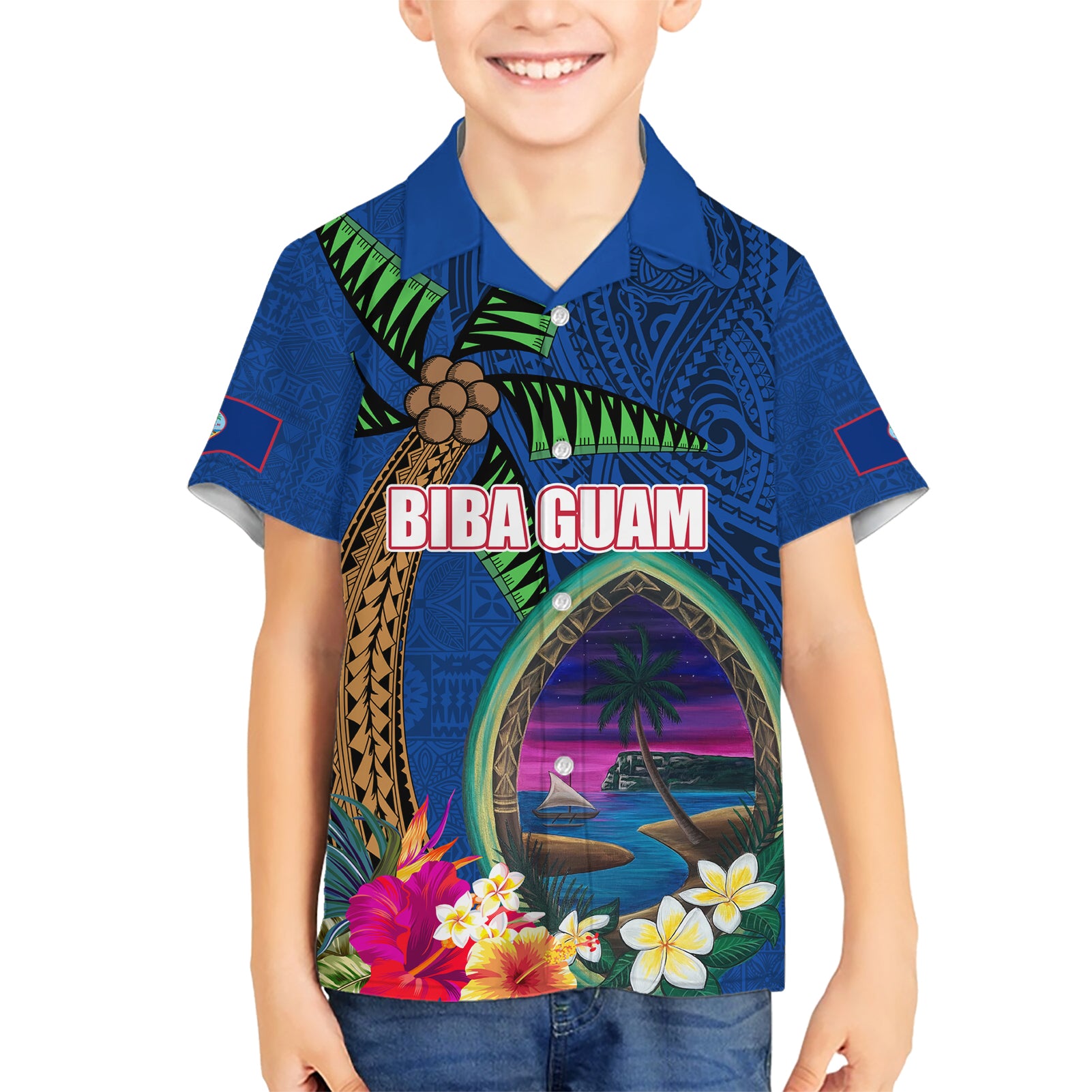 Guam Liberation Day 80th Anniversary Kid Hawaiian Shirt Palm Tree and Seal Artwork Hibiscus Polynesian Pattern