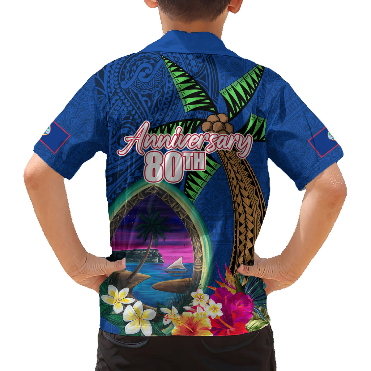 Guam Liberation Day 80th Anniversary Kid Hawaiian Shirt Palm Tree and Seal Artwork Hibiscus Polynesian Pattern