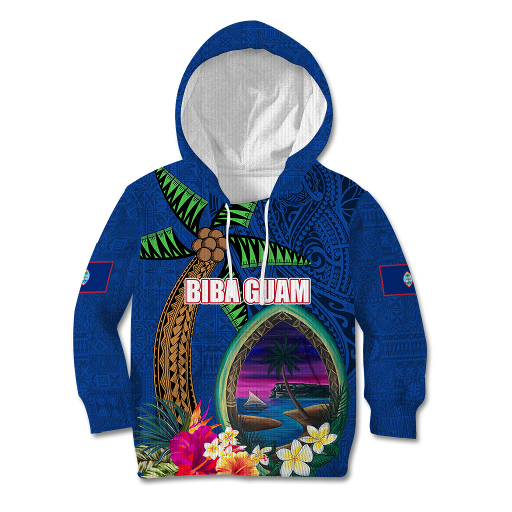 Guam Liberation Day 80th Anniversary Kid Hoodie Palm Tree and Seal Artwork Hibiscus Polynesian Pattern