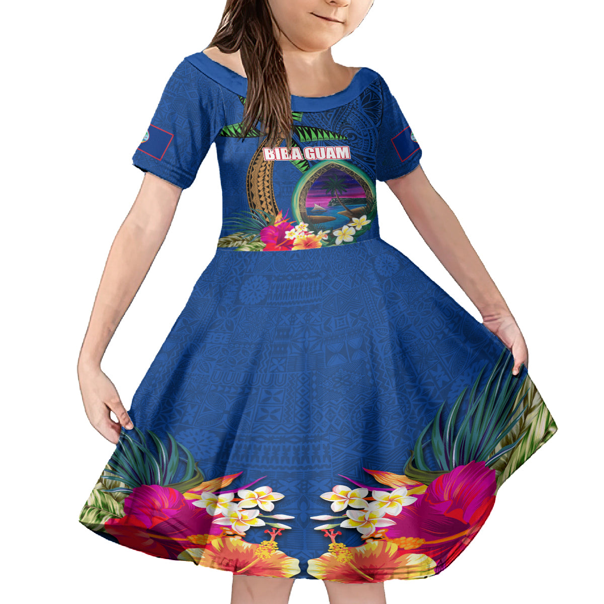 Guam Liberation Day 80th Anniversary Kid Short Sleeve Dress Palm Tree and Seal Artwork Hibiscus Polynesian Pattern