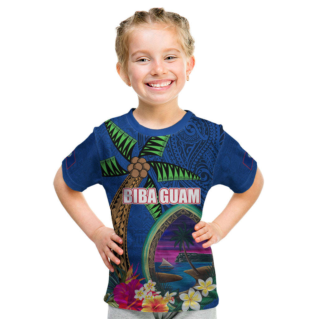 Guam Liberation Day 80th Anniversary Kid T Shirt Palm Tree and Seal Artwork Hibiscus Polynesian Pattern