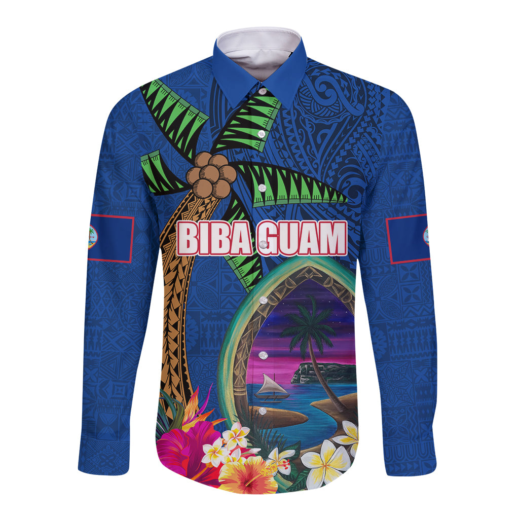 Guam Liberation Day 80th Anniversary Long Sleeve Button Shirt Palm Tree and Seal Artwork Hibiscus Polynesian Pattern