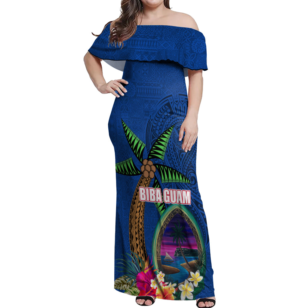 Guam Liberation Day 80th Anniversary Off Shoulder Maxi Dress Palm Tree and Seal Artwork Hibiscus Polynesian Pattern