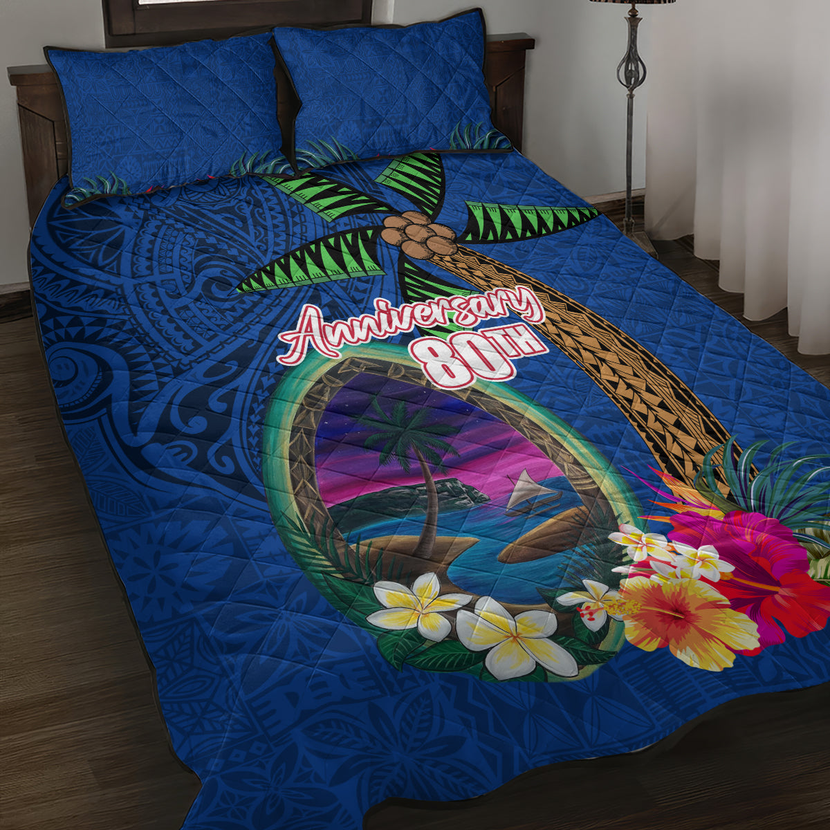 Guam Liberation Day 80th Anniversary Quilt Bed Set Palm Tree and Seal Artwork Hibiscus Polynesian Pattern