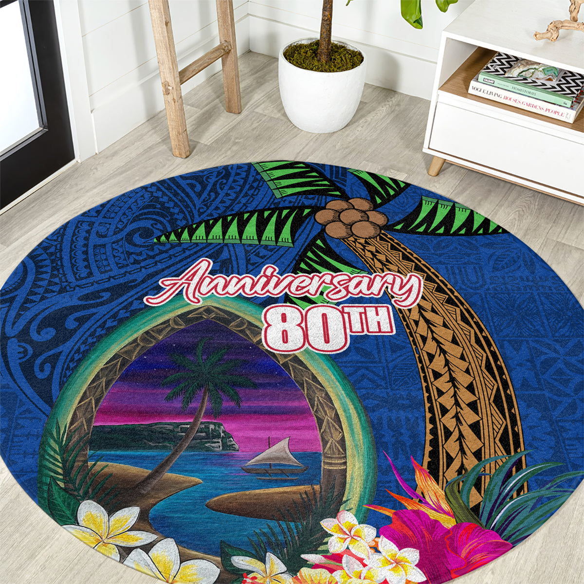 Guam Liberation Day 80th Anniversary Round Carpet Palm Tree and Seal Artwork Hibiscus Polynesian Pattern