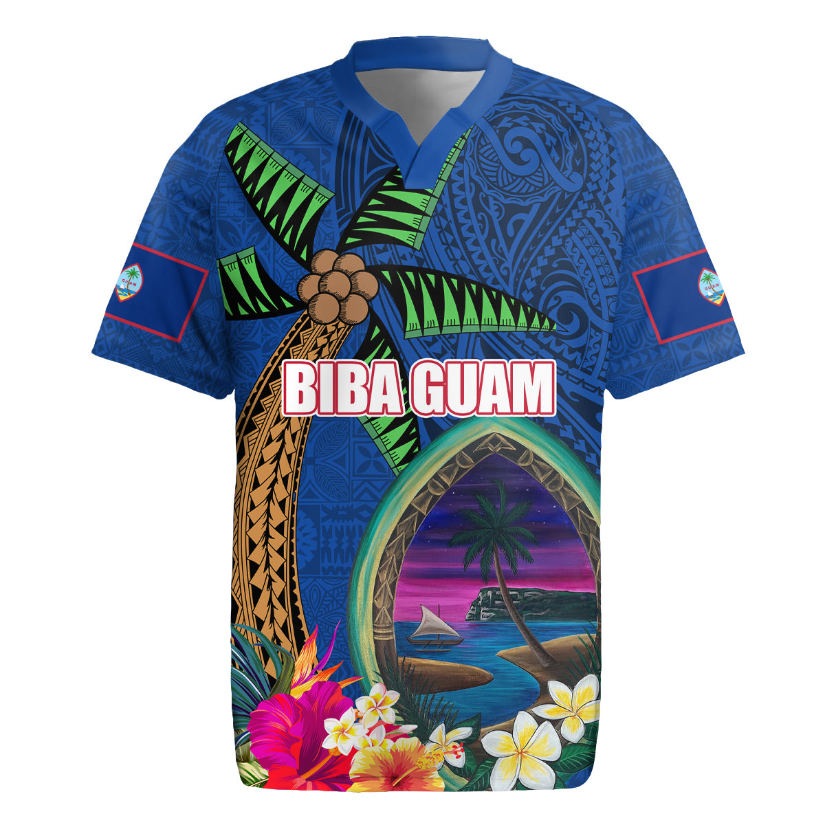 Guam Liberation Day 80th Anniversary Rugby Jersey Palm Tree and Seal Artwork Hibiscus Polynesian Pattern