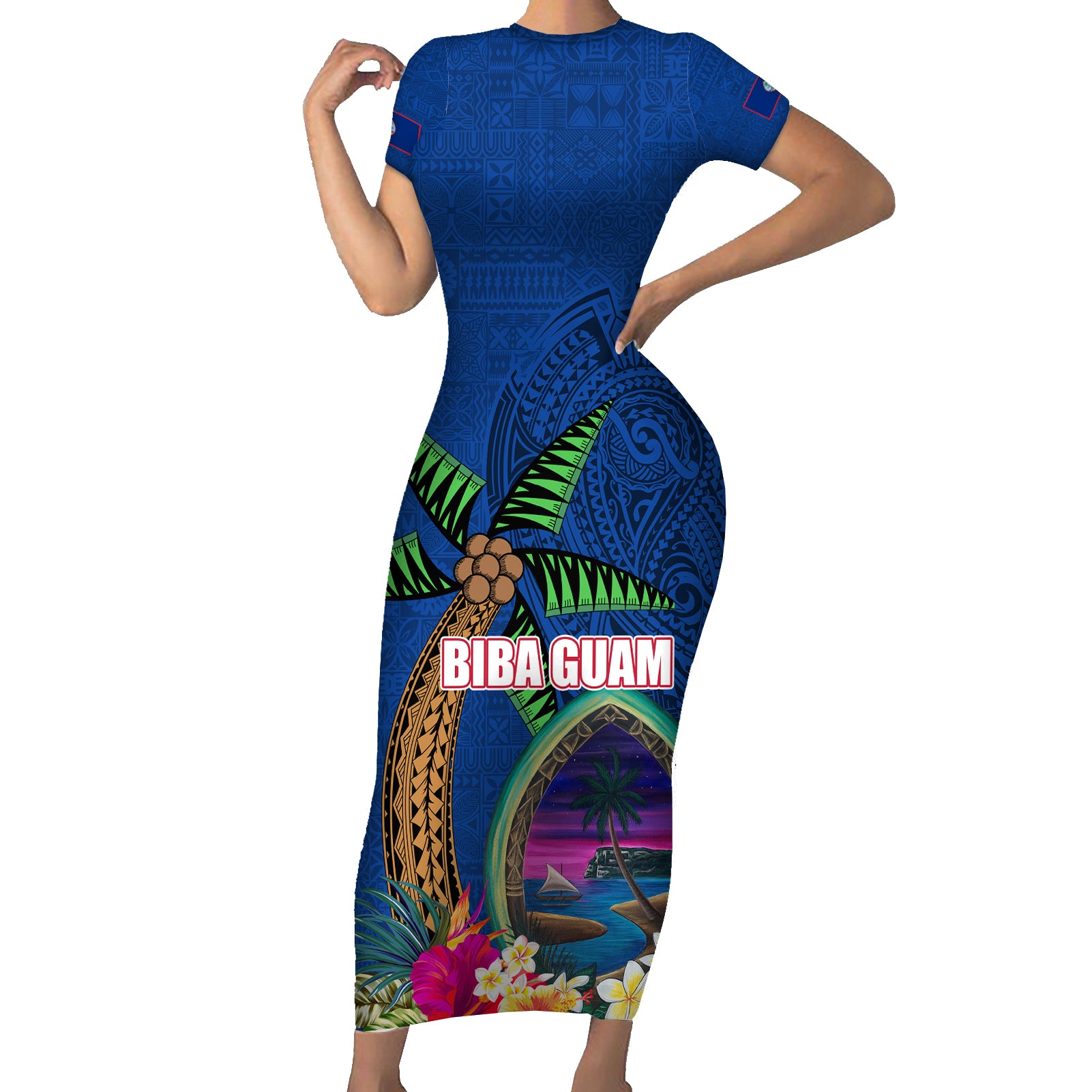 Guam Liberation Day 80th Anniversary Short Sleeve Bodycon Dress Palm Tree and Seal Artwork Hibiscus Polynesian Pattern