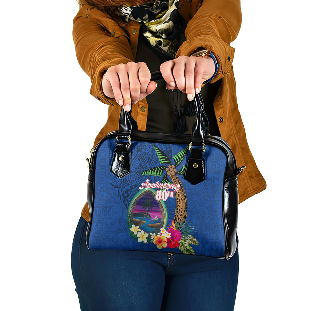 Guam Liberation Day 80th Anniversary Shoulder Handbag Palm Tree and Seal Artwork Hibiscus Polynesian Pattern