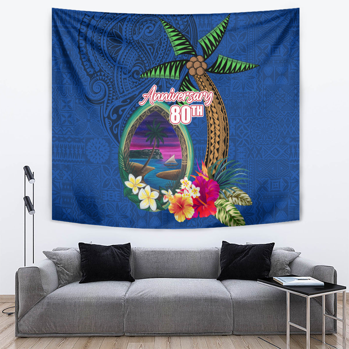 Guam Liberation Day 80th Anniversary Tapestry Palm Tree and Seal Artwork Hibiscus Polynesian Pattern