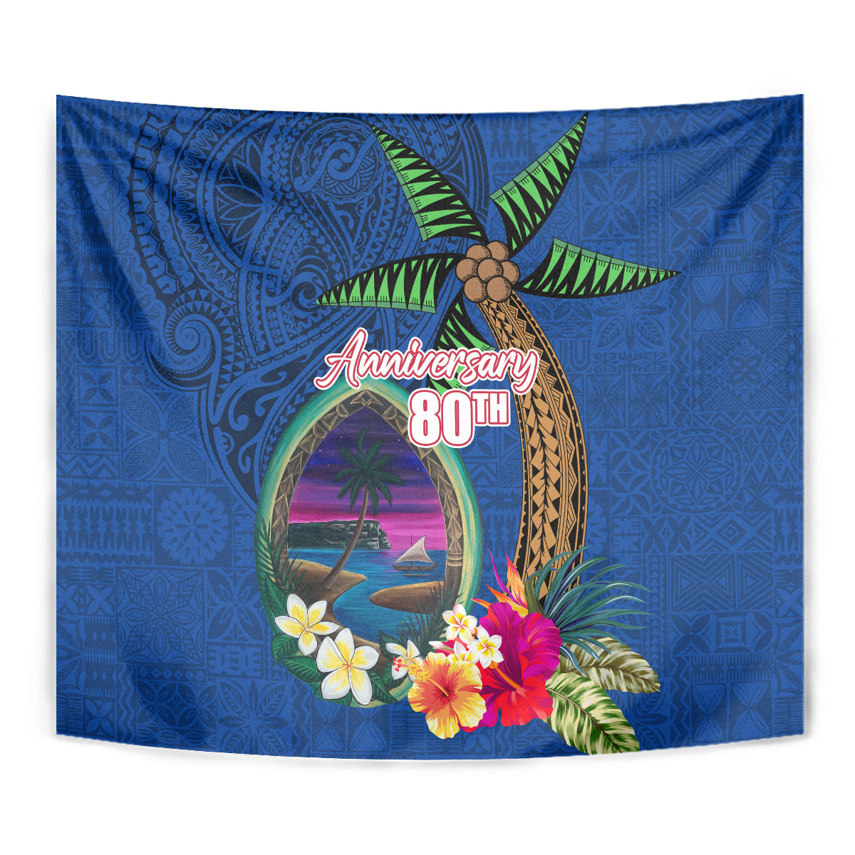 Guam Liberation Day 80th Anniversary Tapestry Palm Tree and Seal Artwork Hibiscus Polynesian Pattern