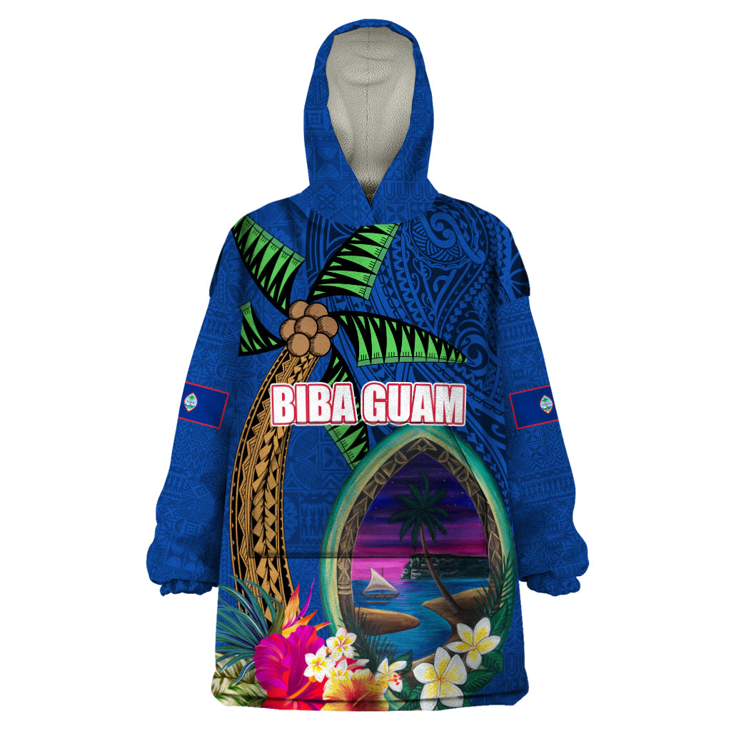 Guam Liberation Day 80th Anniversary Wearable Blanket Hoodie Palm Tree and Seal Artwork Hibiscus Polynesian Pattern