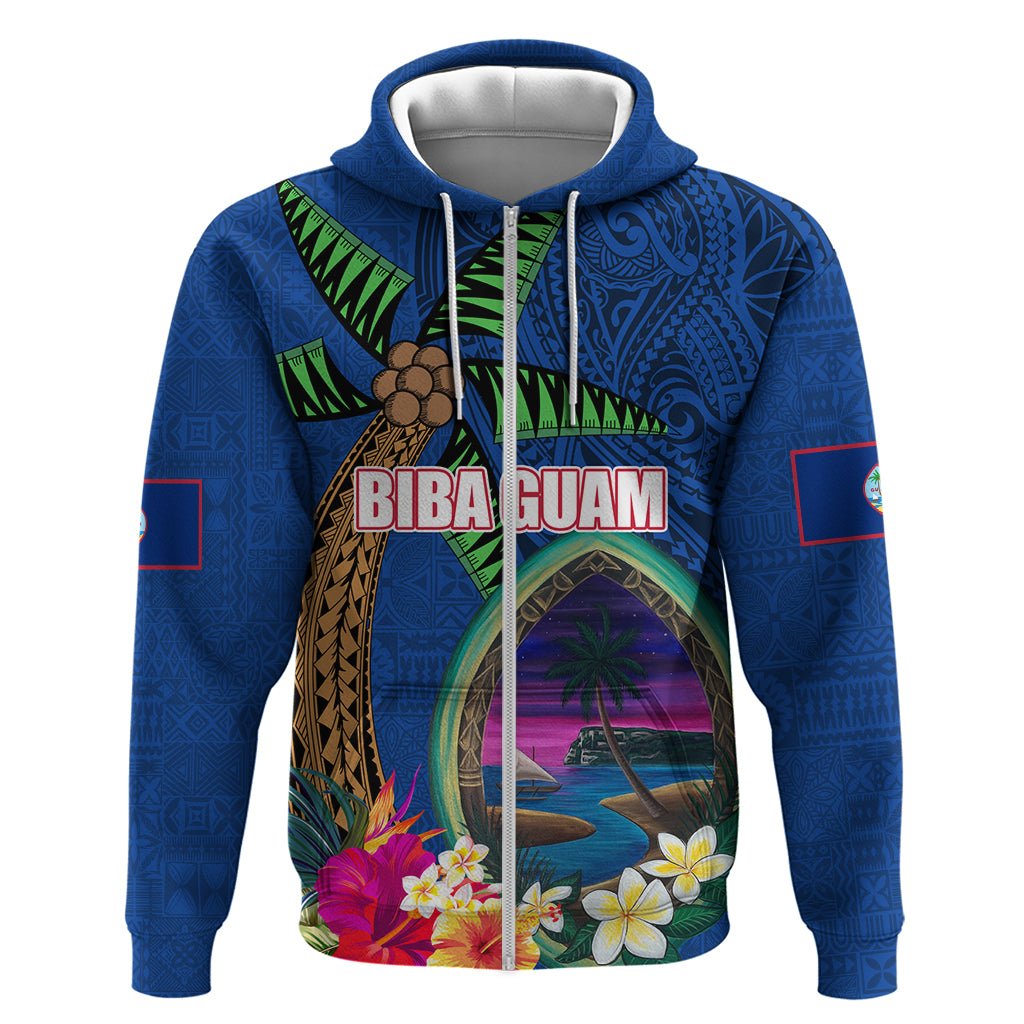 Guam Liberation Day 80th Anniversary Zip Hoodie Palm Tree and Seal Artwork Hibiscus Polynesian Pattern