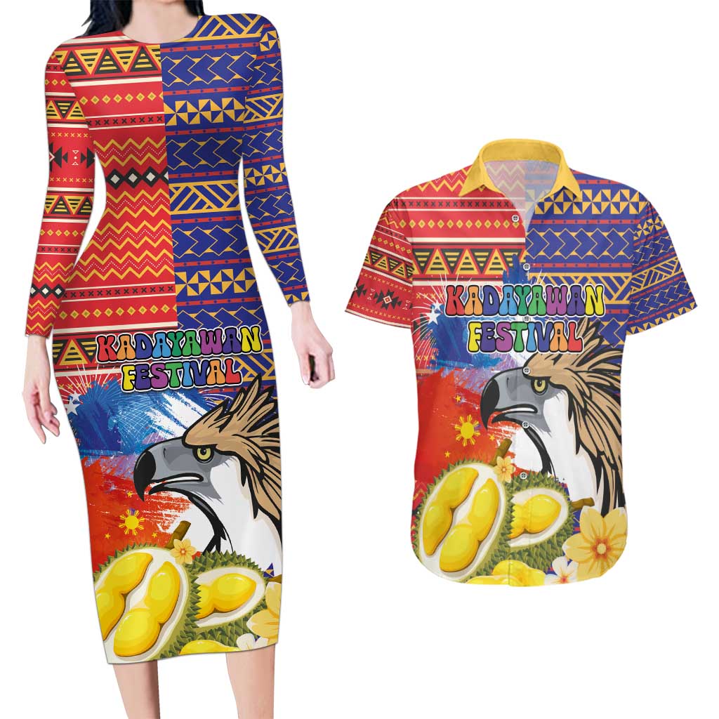 Philippines Kadayawan Couples Matching Long Sleeve Bodycon Dress and Hawaiian Shirt Filipino Eagle Durian with Polynesian and Igorots Pattern