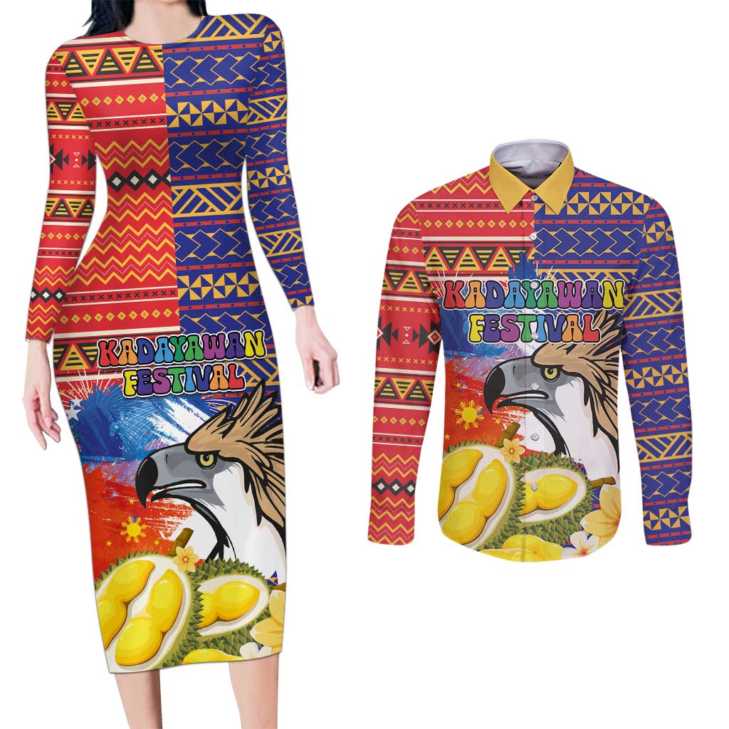 Philippines Kadayawan Couples Matching Long Sleeve Bodycon Dress and Long Sleeve Button Shirt Filipino Eagle Durian with Polynesian and Igorots Pattern