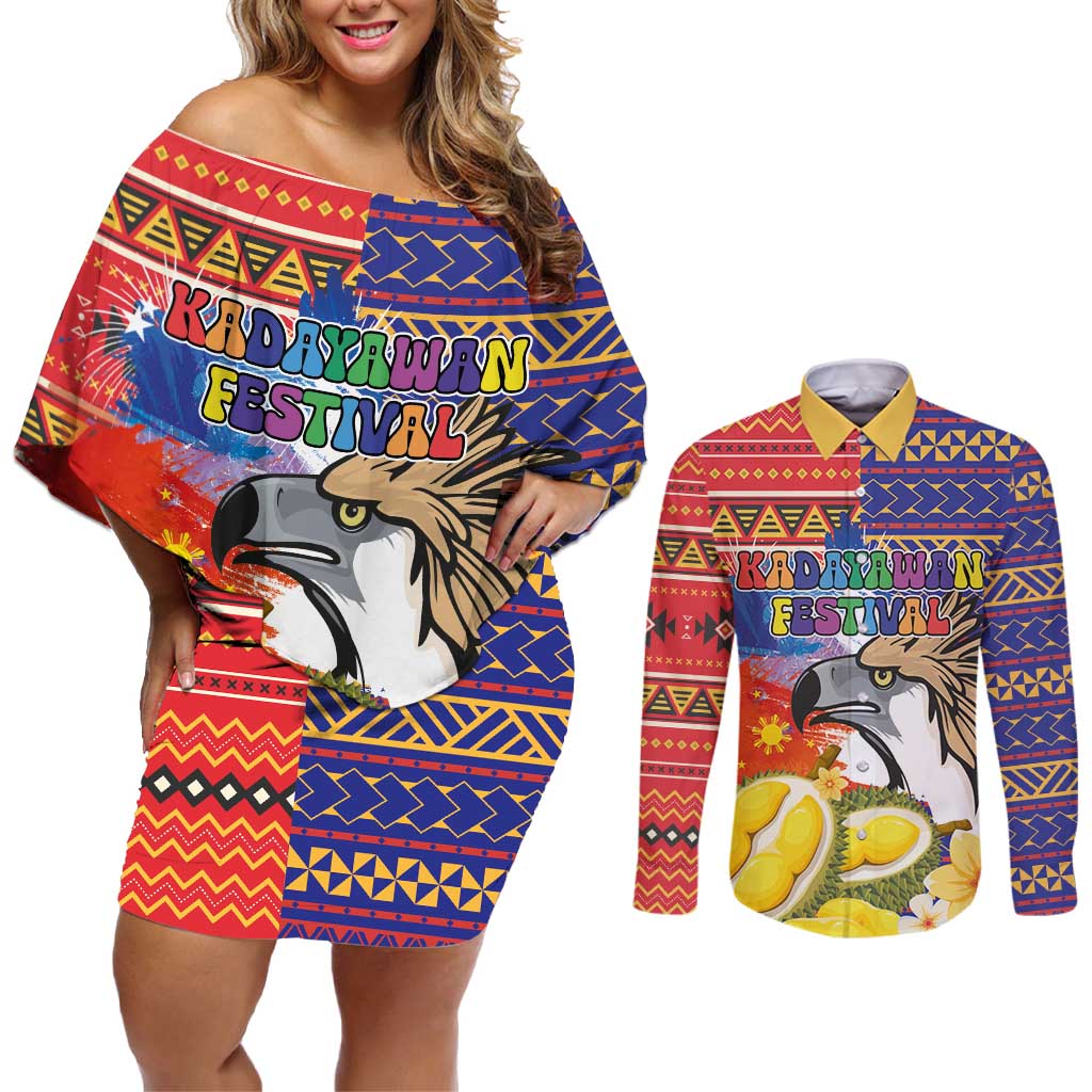 Philippines Kadayawan Couples Matching Off Shoulder Short Dress and Long Sleeve Button Shirt Filipino Eagle Durian with Polynesian and Igorots Pattern