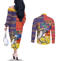Philippines Kadayawan Couples Matching Off The Shoulder Long Sleeve Dress and Long Sleeve Button Shirt Filipino Eagle Durian with Polynesian and Igorots Pattern