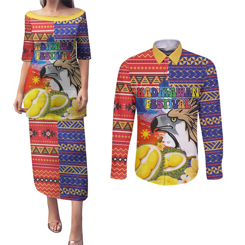 Philippines Kadayawan Couples Matching Puletasi and Long Sleeve Button Shirt Filipino Eagle Durian with Polynesian and Igorots Pattern