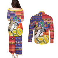 Philippines Kadayawan Couples Matching Puletasi and Long Sleeve Button Shirt Filipino Eagle Durian with Polynesian and Igorots Pattern