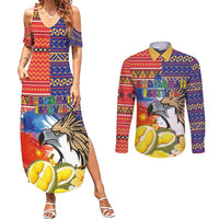 Philippines Kadayawan Couples Matching Summer Maxi Dress and Long Sleeve Button Shirt Filipino Eagle Durian with Polynesian and Igorots Pattern