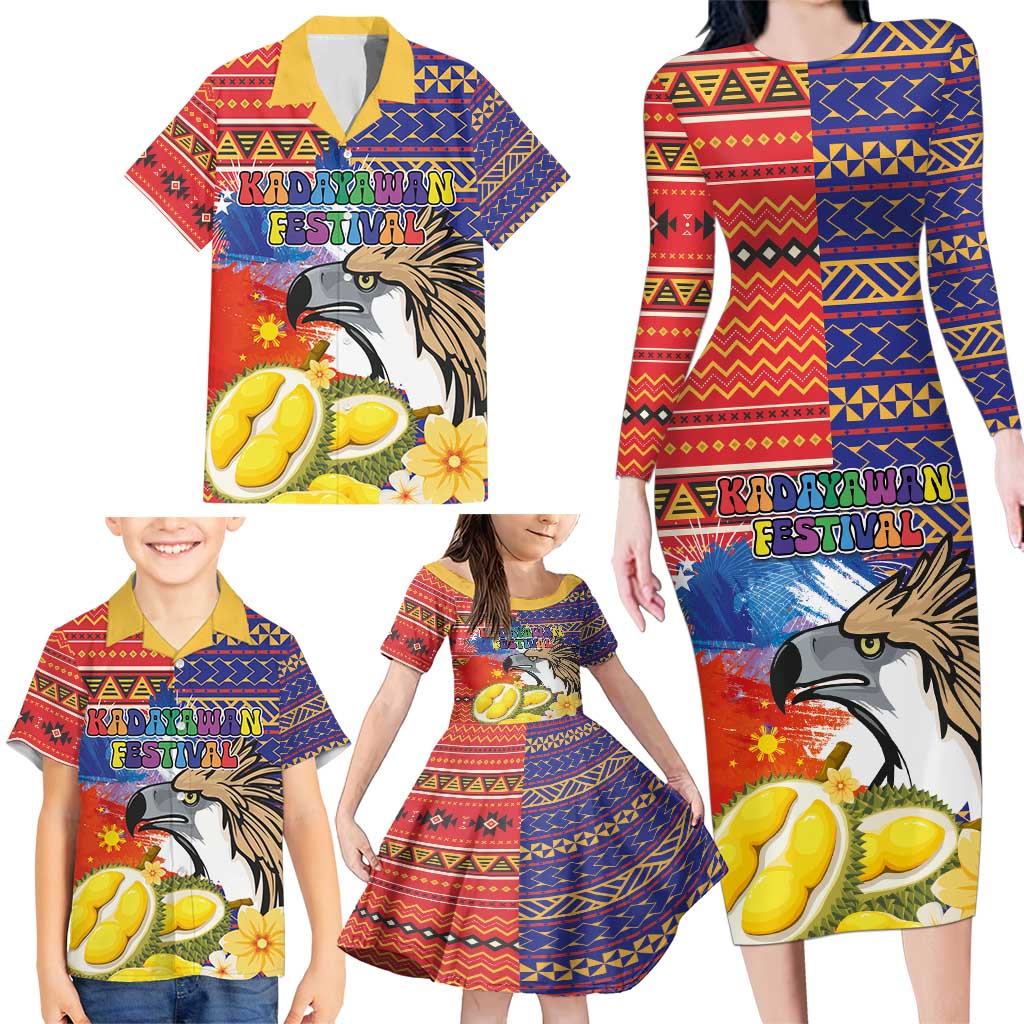 Philippines Kadayawan Family Matching Long Sleeve Bodycon Dress and Hawaiian Shirt Filipino Eagle Durian with Polynesian and Igorots Pattern