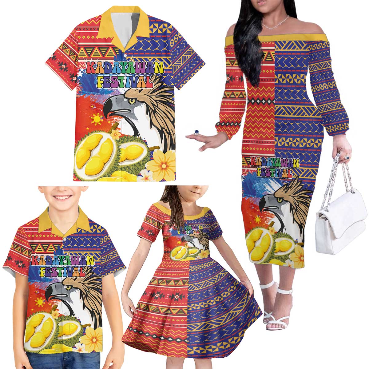 Philippines Kadayawan Family Matching Off The Shoulder Long Sleeve Dress and Hawaiian Shirt Filipino Eagle Durian with Polynesian and Igorots Pattern