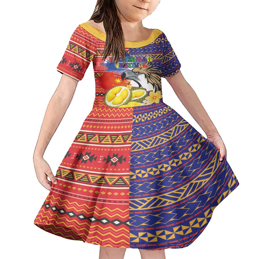 Philippines Kadayawan Family Matching Off Shoulder Short Dress and Hawaiian Shirt Filipino Eagle Durian with Polynesian and Igorots Pattern