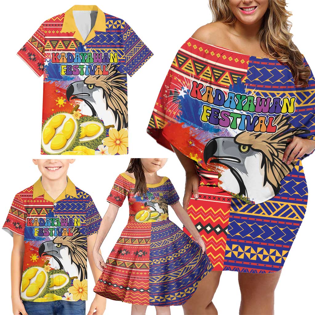 Philippines Kadayawan Family Matching Off Shoulder Short Dress and Hawaiian Shirt Filipino Eagle Durian with Polynesian and Igorots Pattern