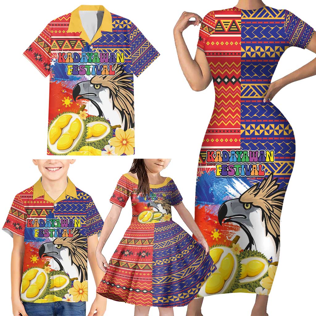 Philippines Kadayawan Family Matching Short Sleeve Bodycon Dress and Hawaiian Shirt Filipino Eagle Durian with Polynesian and Igorots Pattern